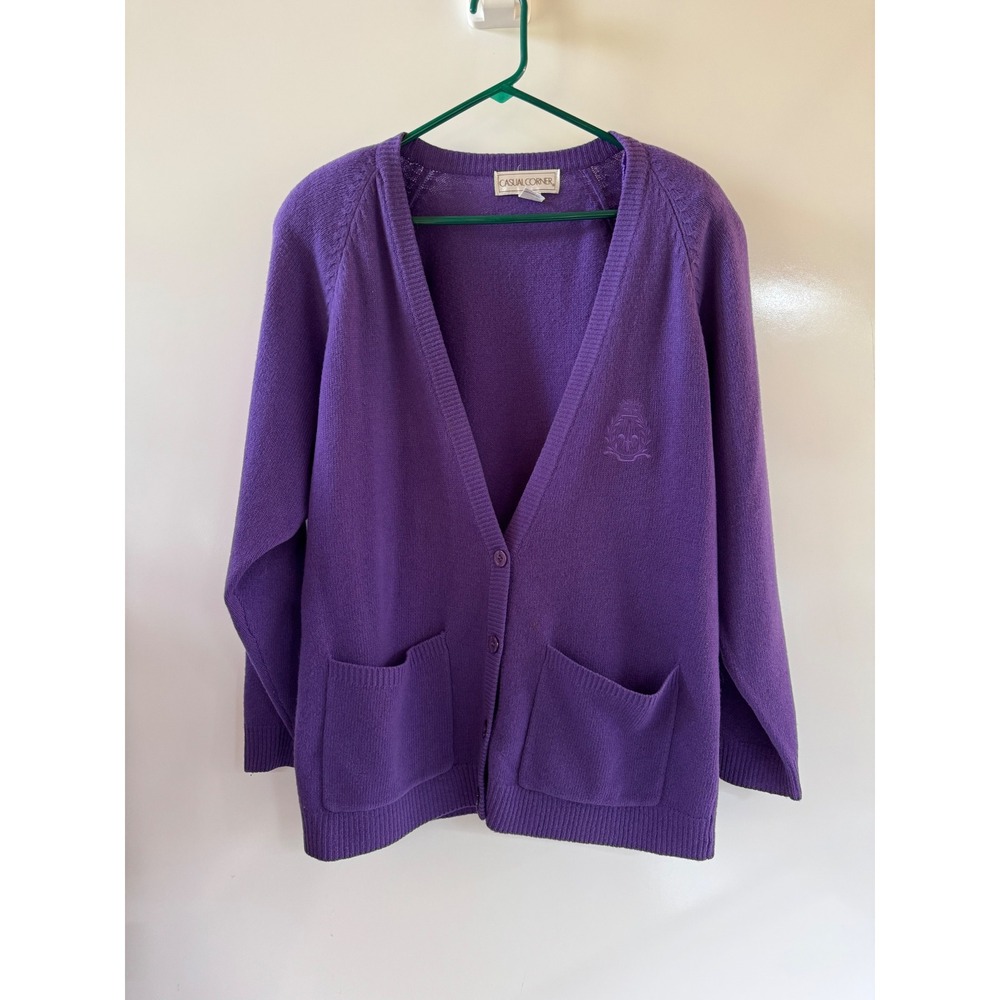 Vintage Casual Corner Purple Lambswool Blend Crest Cardigan Sweater Large